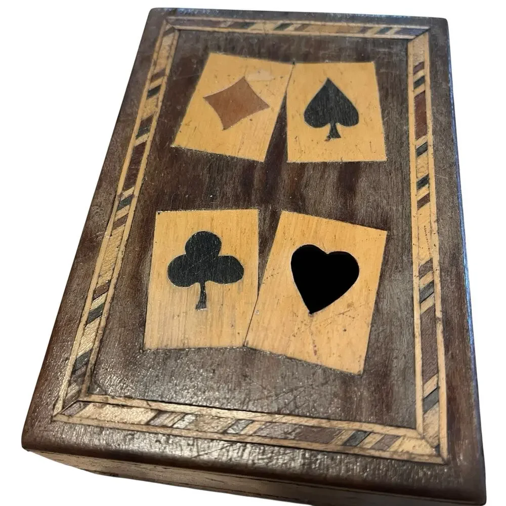 Marquetry Playing Cards Box Two Decks of Cards Aces Rustic Repair Vintage Gamble